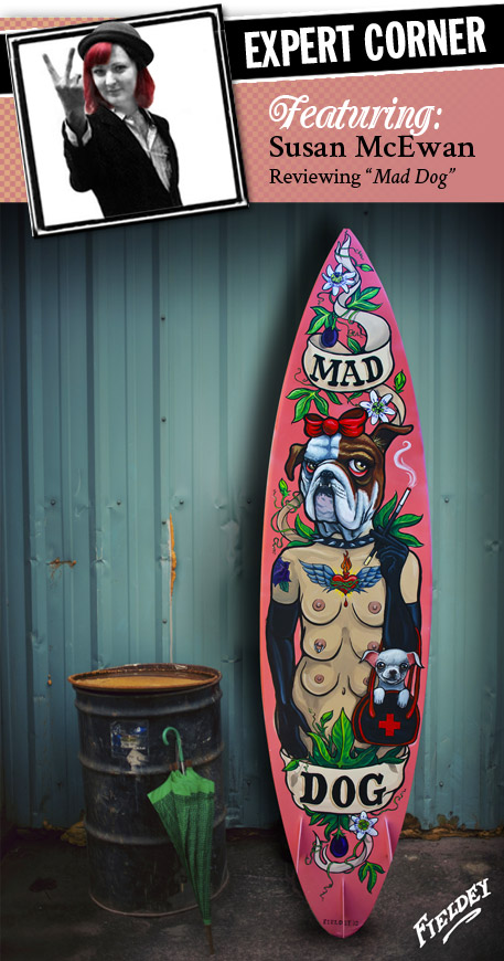 surfboard painted with old school tattoo lady bulldog head