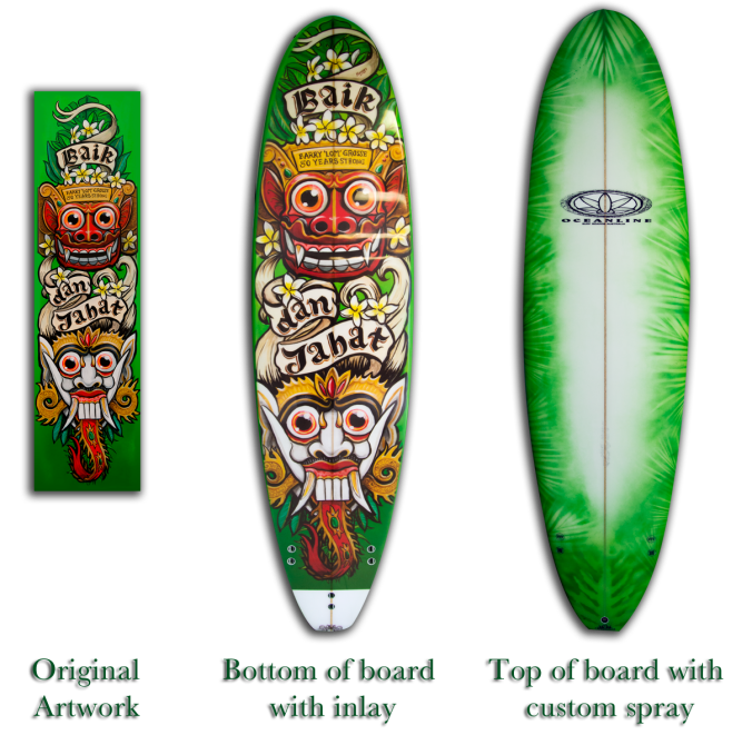 Custom painted surfboard and artwork